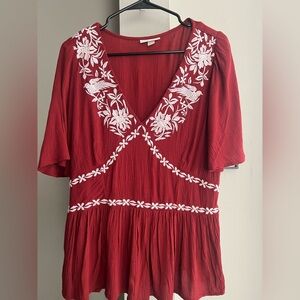 Knox Rose Embroidered Red Women's Peplum Top - Large